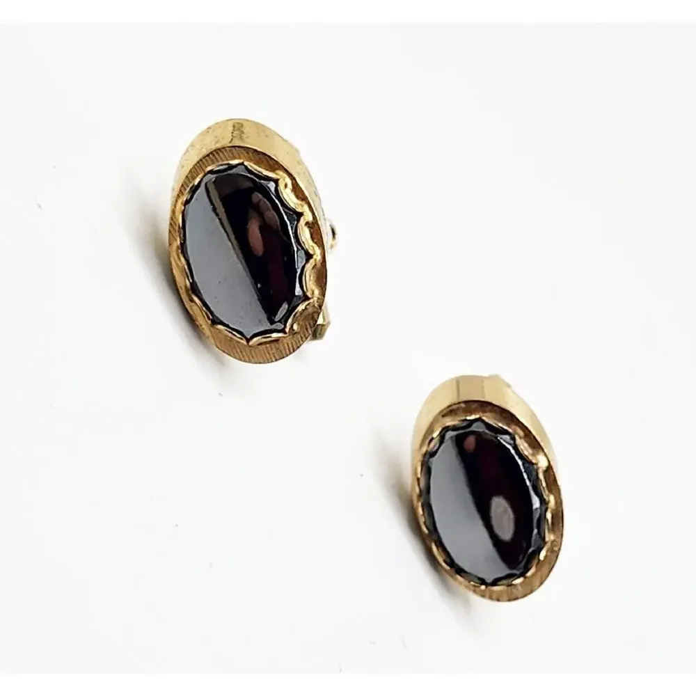 Vintage Hematite Gray Black Oval Cabochon Gold Tone Classy Dapper Cufflinks